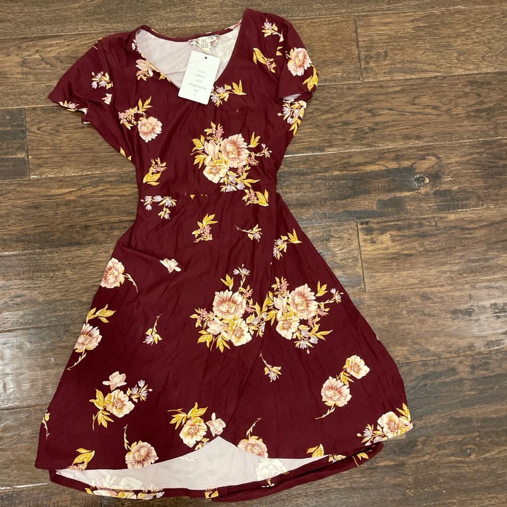 Pink Rose Flower Burgundy Dress, US Size S